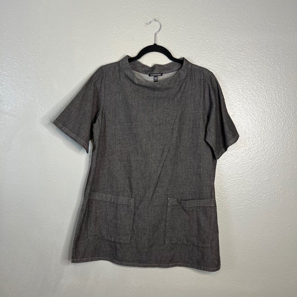Eileen Fisher Airy Organic Cotton Twill Mock Neck Long Top Size XS Lagenlook